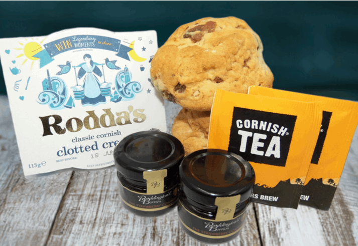 Gluten free scones with jam, Rodda's clotted cream and smugglers brew tea bags