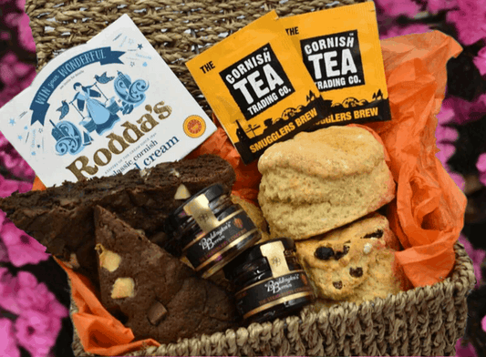 hamper with a cream tea and brownies