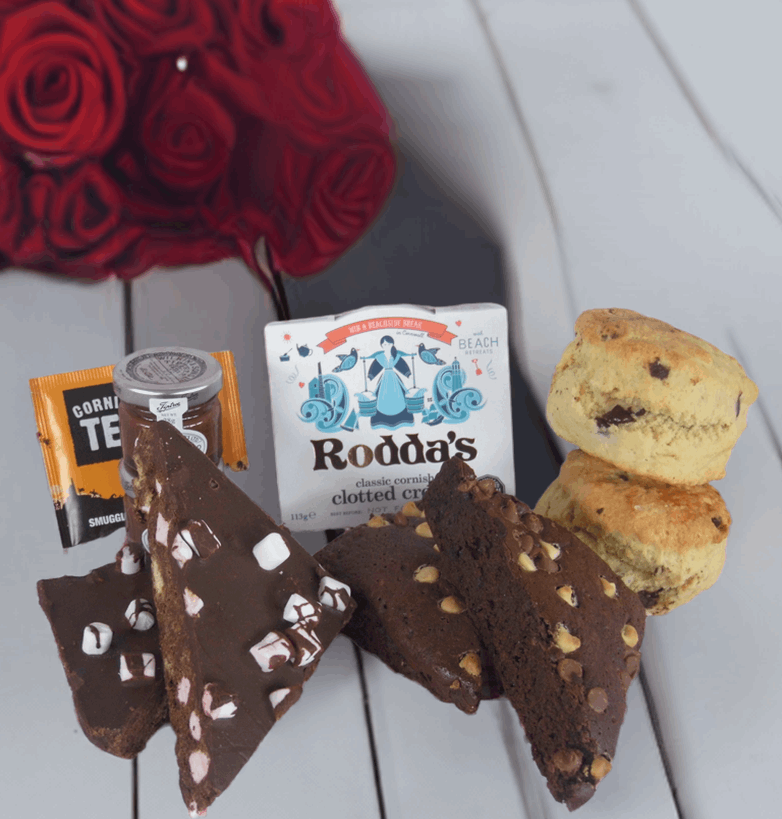 chocolate cream tea with brownies and tiffin