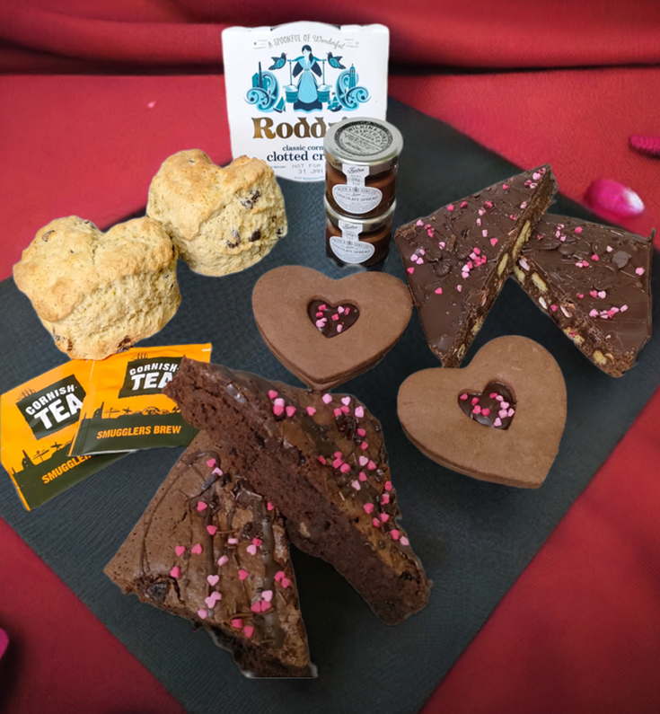 valentines sharing box - chocolate Cornish cream tea, brownies, tiffin and chocolate bscuits.