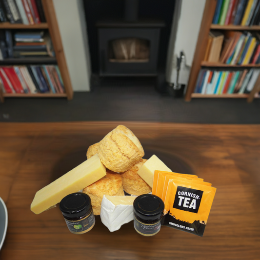 savoury afternoon tea with cheese scones, cheeses, chutney and tea bags